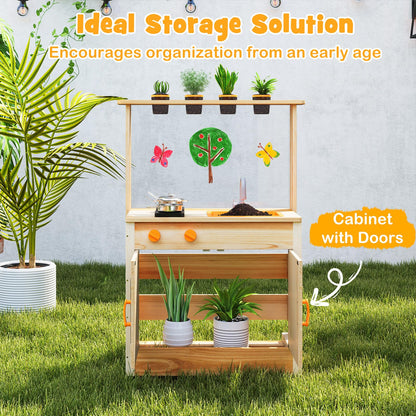 Fir Wood Play Kitchen with Planting Pots and Removable Sink for Backyard Garden