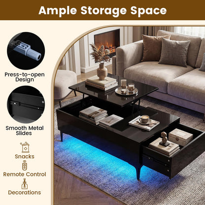 Lift Up Top Coffee Table with LED Lights, High Gloss Lifting Cocktail Center Table