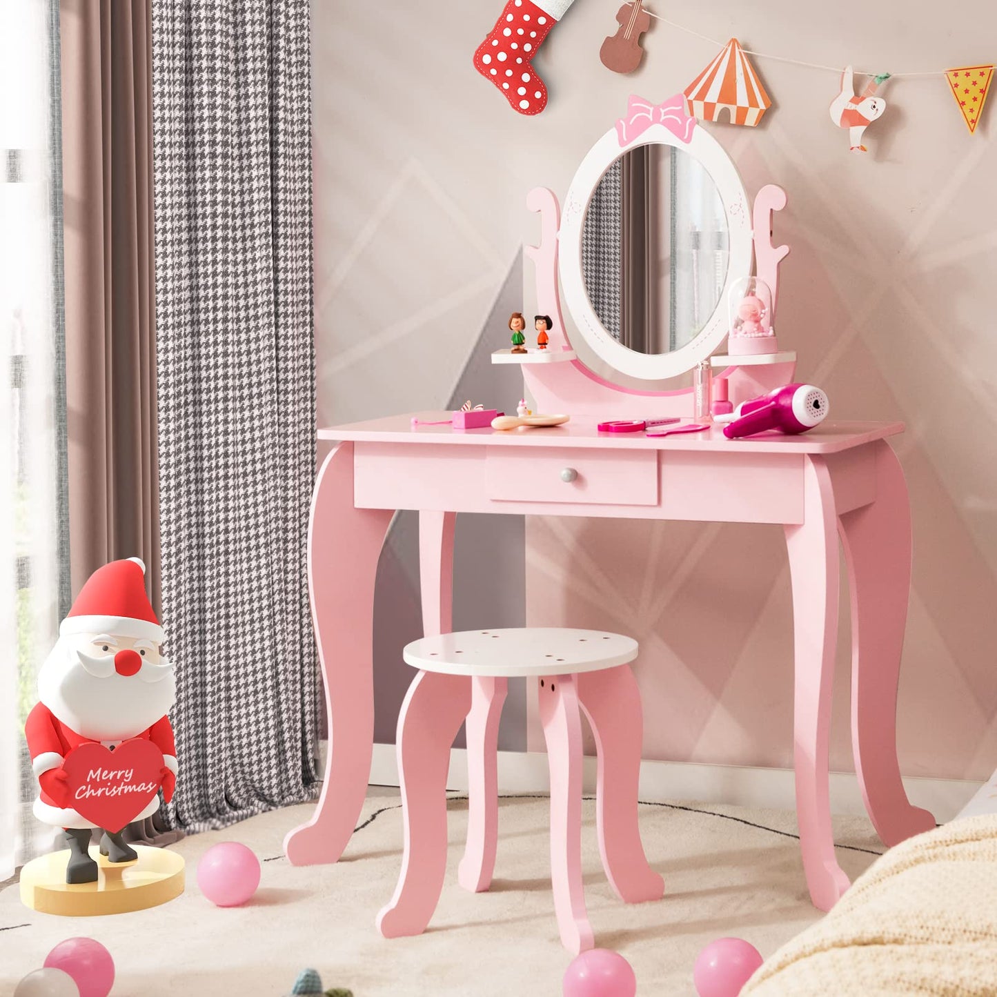 2 in 1 Kids Vanity Table with Stool and 360° Rotating Mirror