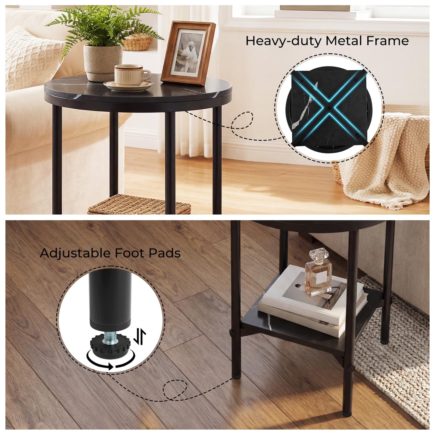 Round Side Table, 2-Tier Faux Marble Nightstand Sofa End Table