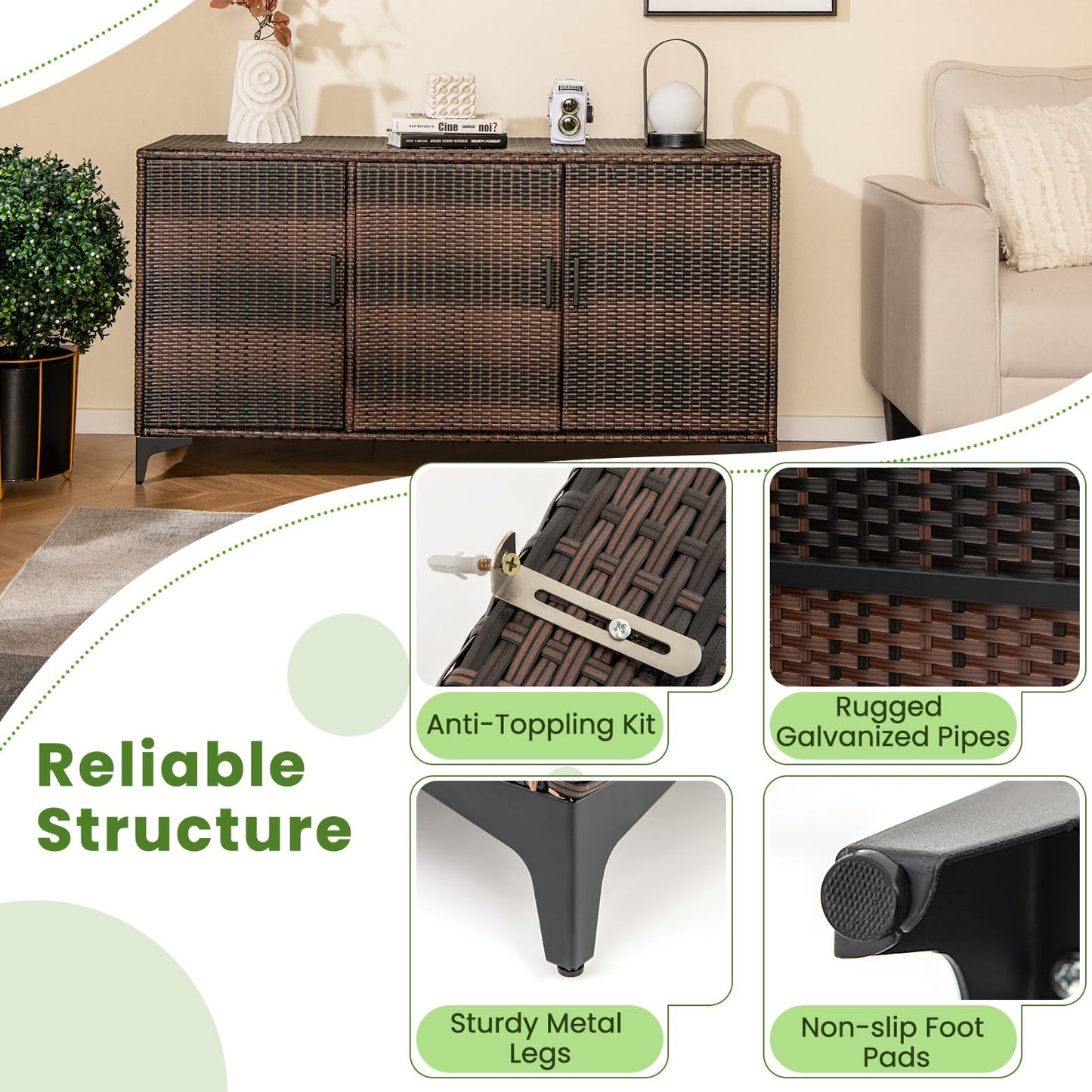 318 L Patio Wicker Storage Cabinet Deck Box with Removable Shelves