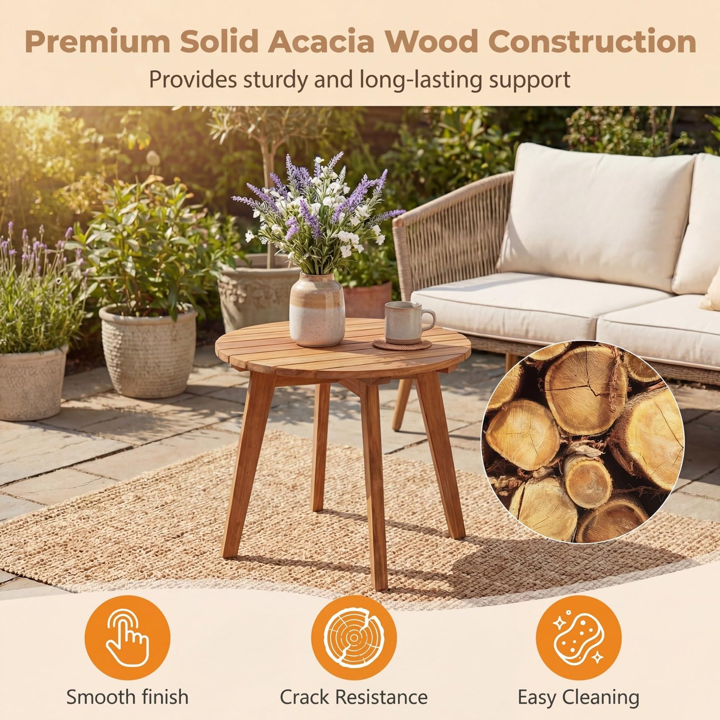 Garden Side Table, Acacia Wood Outdoor Slatted End Table