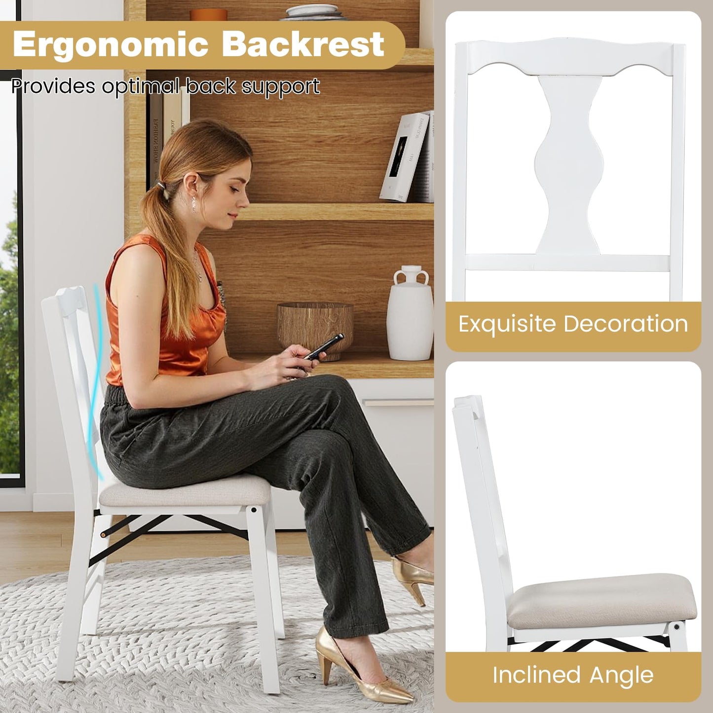 Set of 2 Folding Dining Chairs with Soft Padded Seat and Smooth Solid Backrest