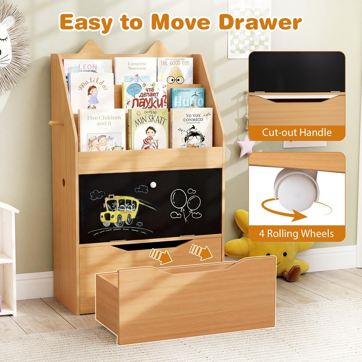 Wooden Kids Bookshelf with Movable Drawer & Chalkboard for Playroom Nursery