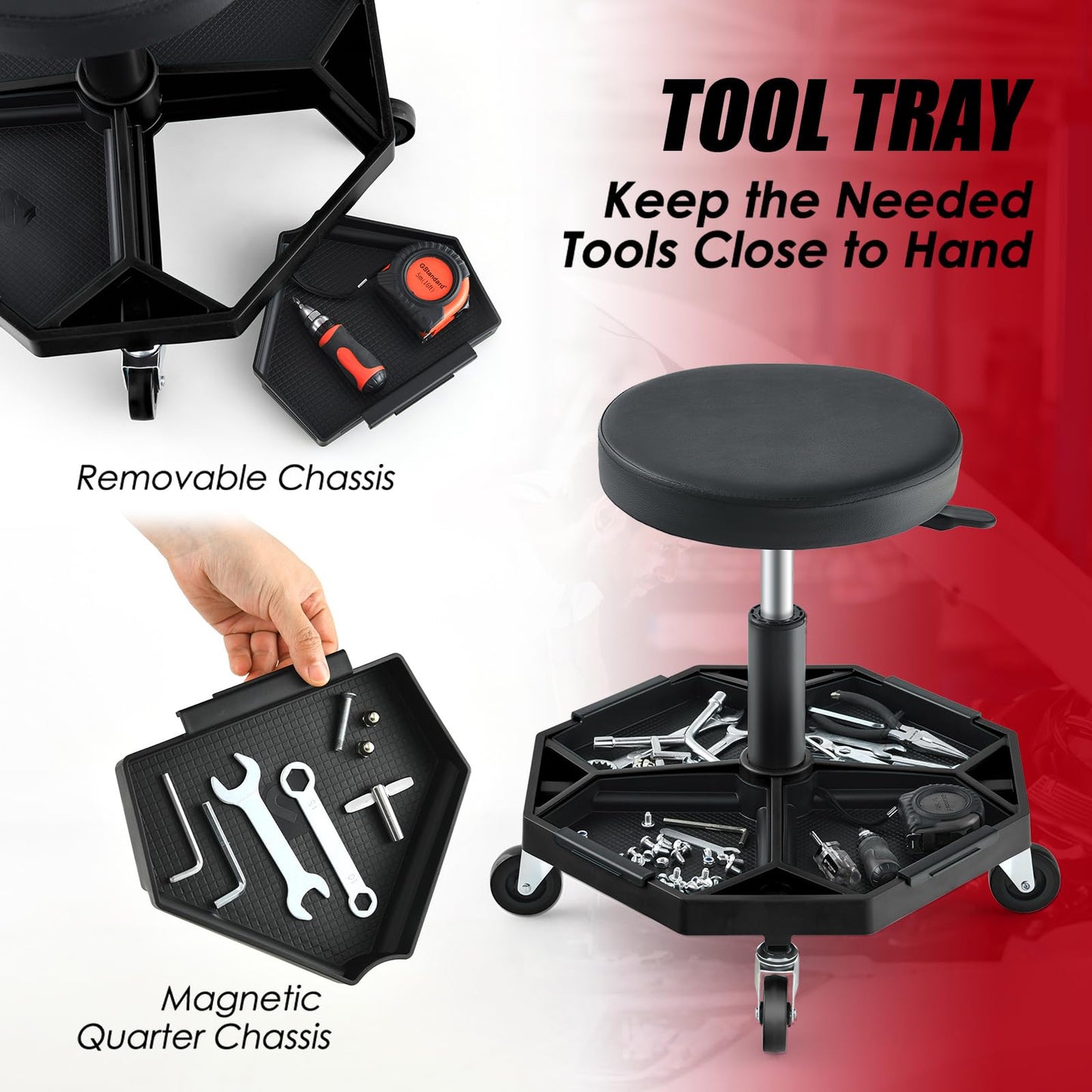 Rolling Mechanic Stool with Wheels & Tool Tray