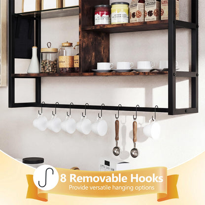 107 CM Industrial Floating Shelves 6-Tier Wall Mounted Shelf with 8 S-Hooks