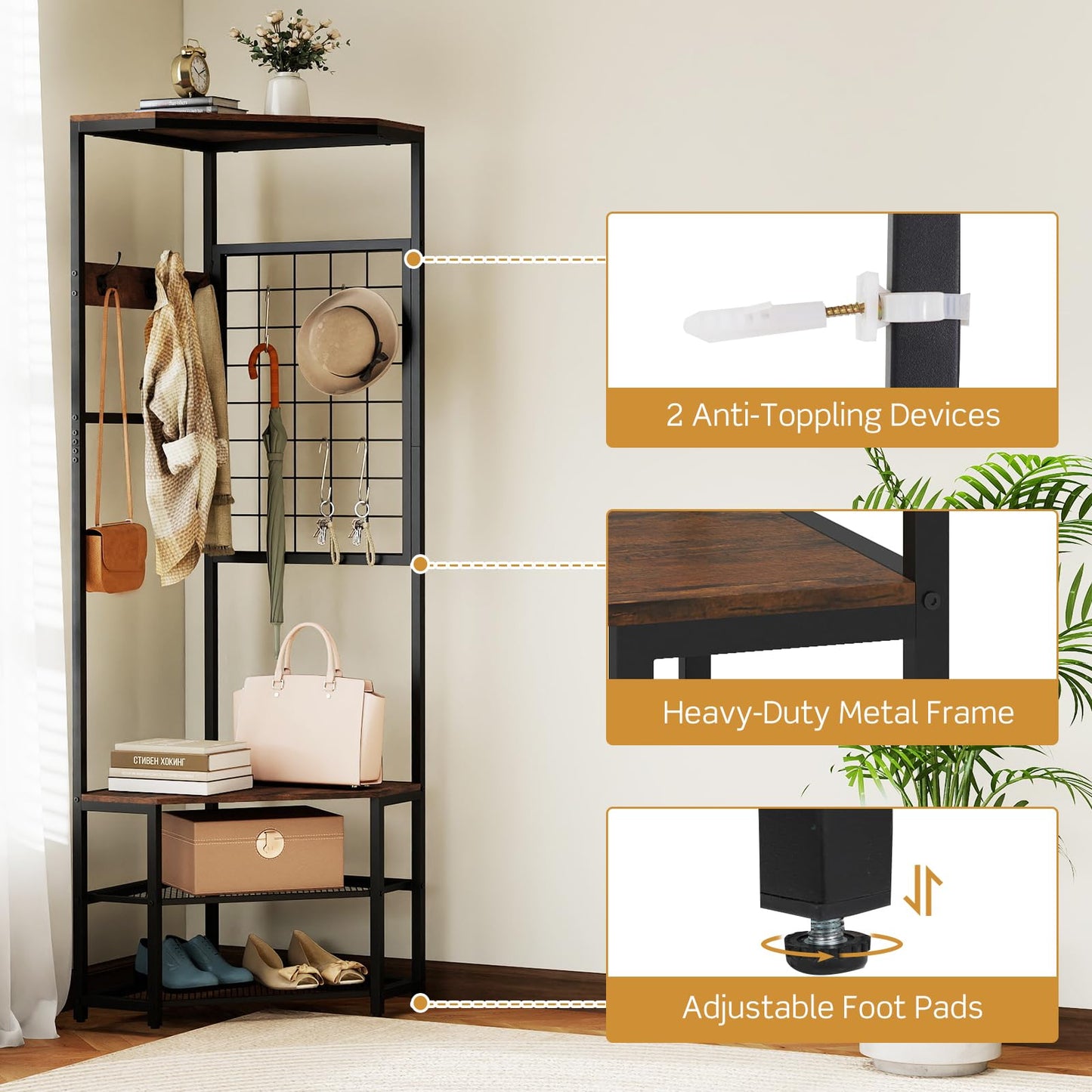 4-in-1 Freestanding Coat Rack with Storage Shelves Removable Hooks and Shoe Racks