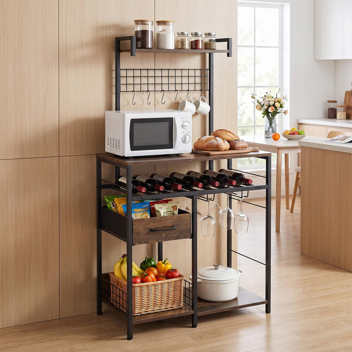 Baker's Rack, Microwave Stand with Wine Rack and Glass Holders