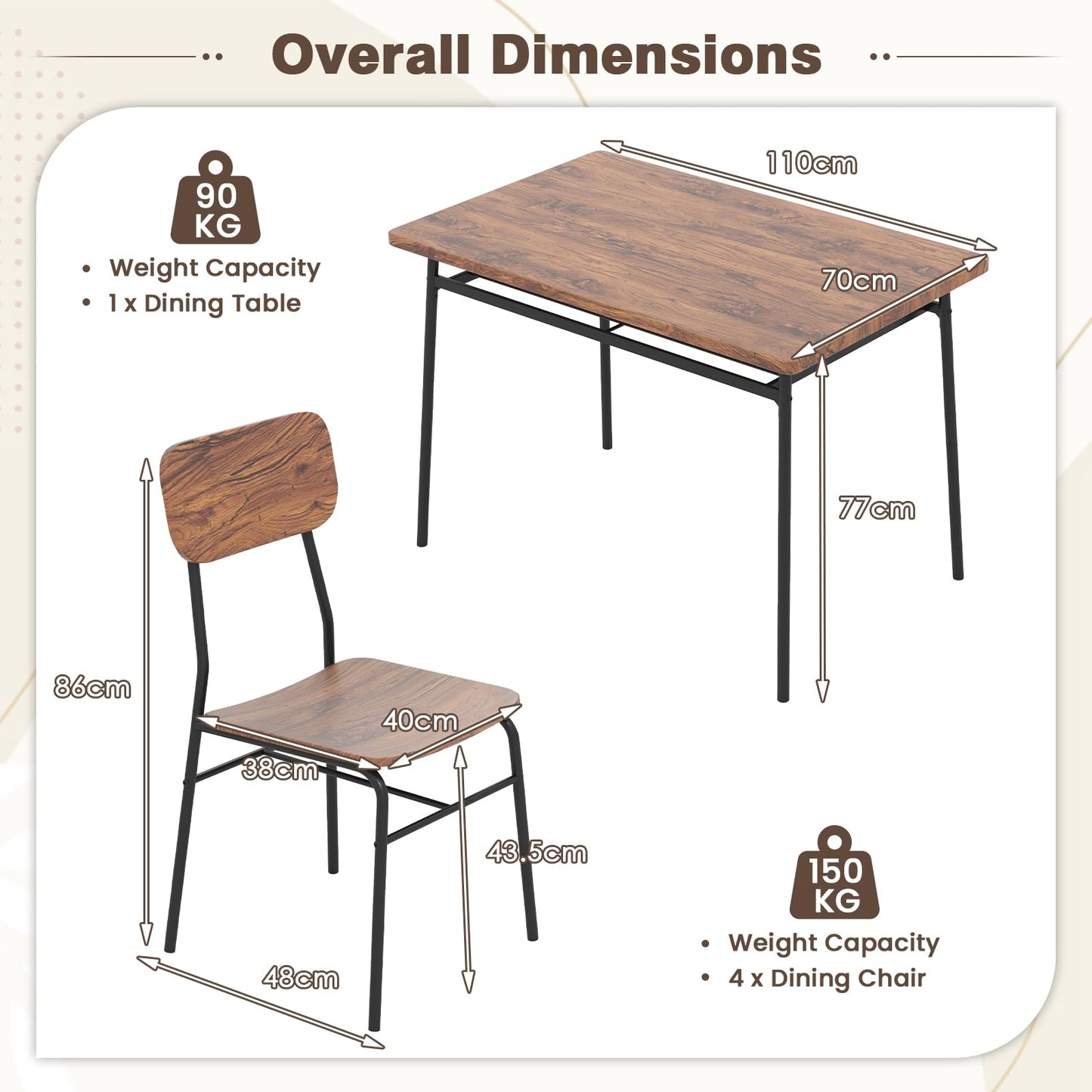 Rectangular Breakfast Kitchen Table Set with 4 Chairs and Storage Rack