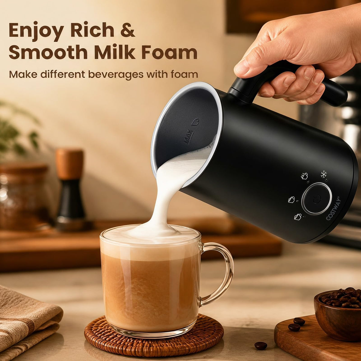 4-in-1 Electric Milk Frother and Steamer with 2 Whisks