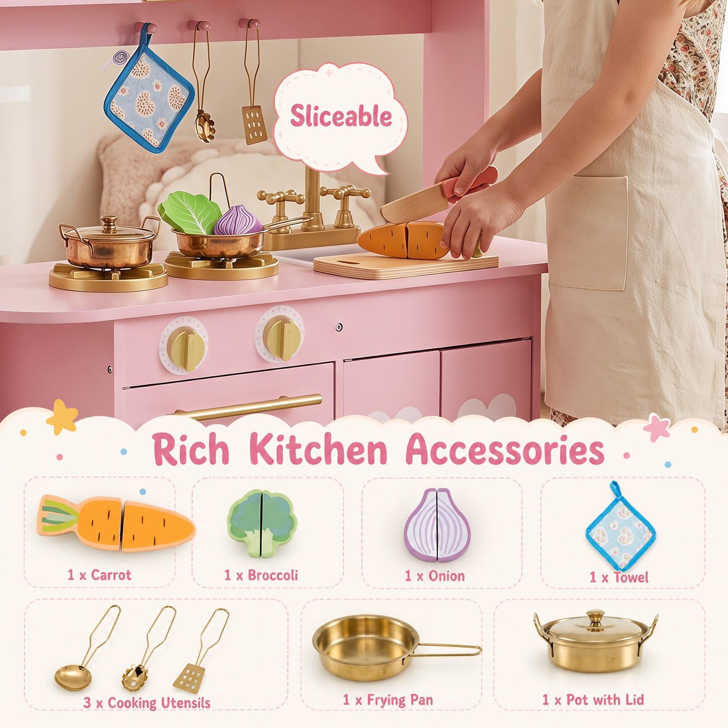 Kids Play Kitchen, Wooden Toy Kitchen with Stoves, Range Hood, Oven