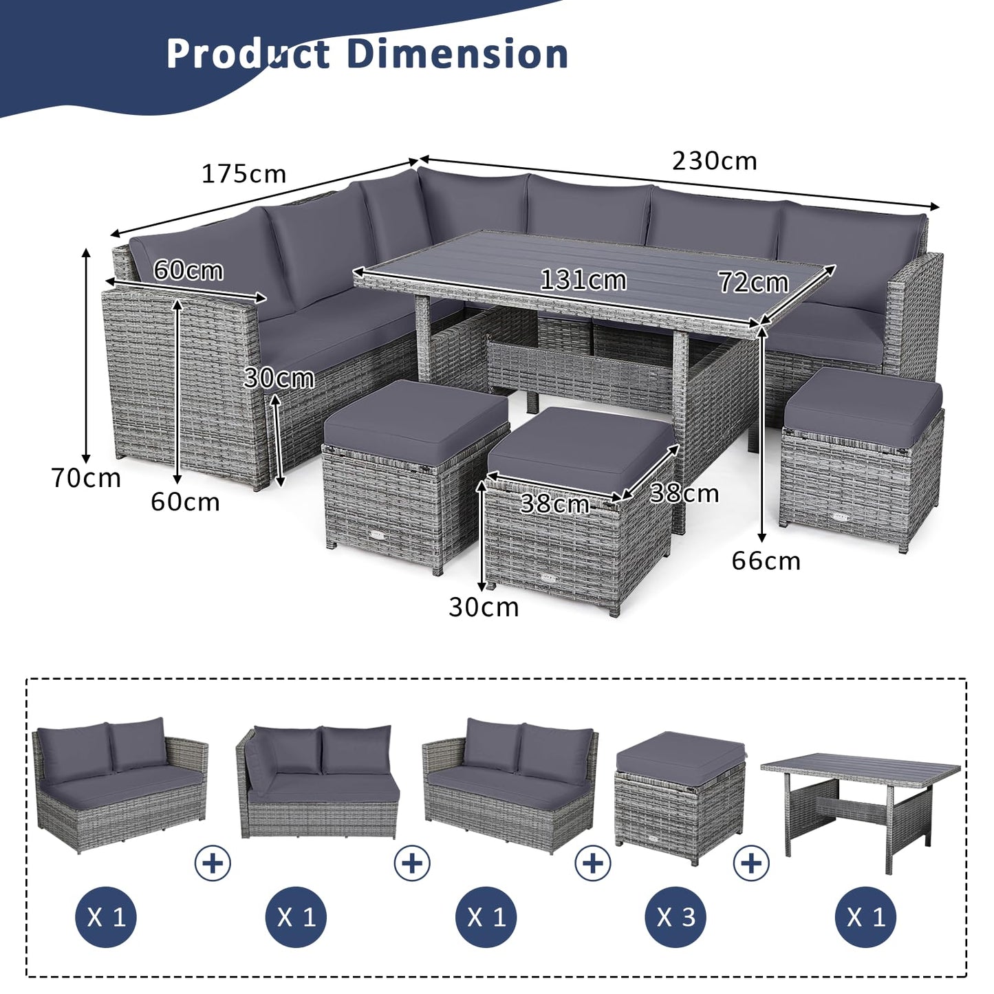9 Seater Patio Rattan Corner Sofa Set with Sofa Chairs and Coffee Table