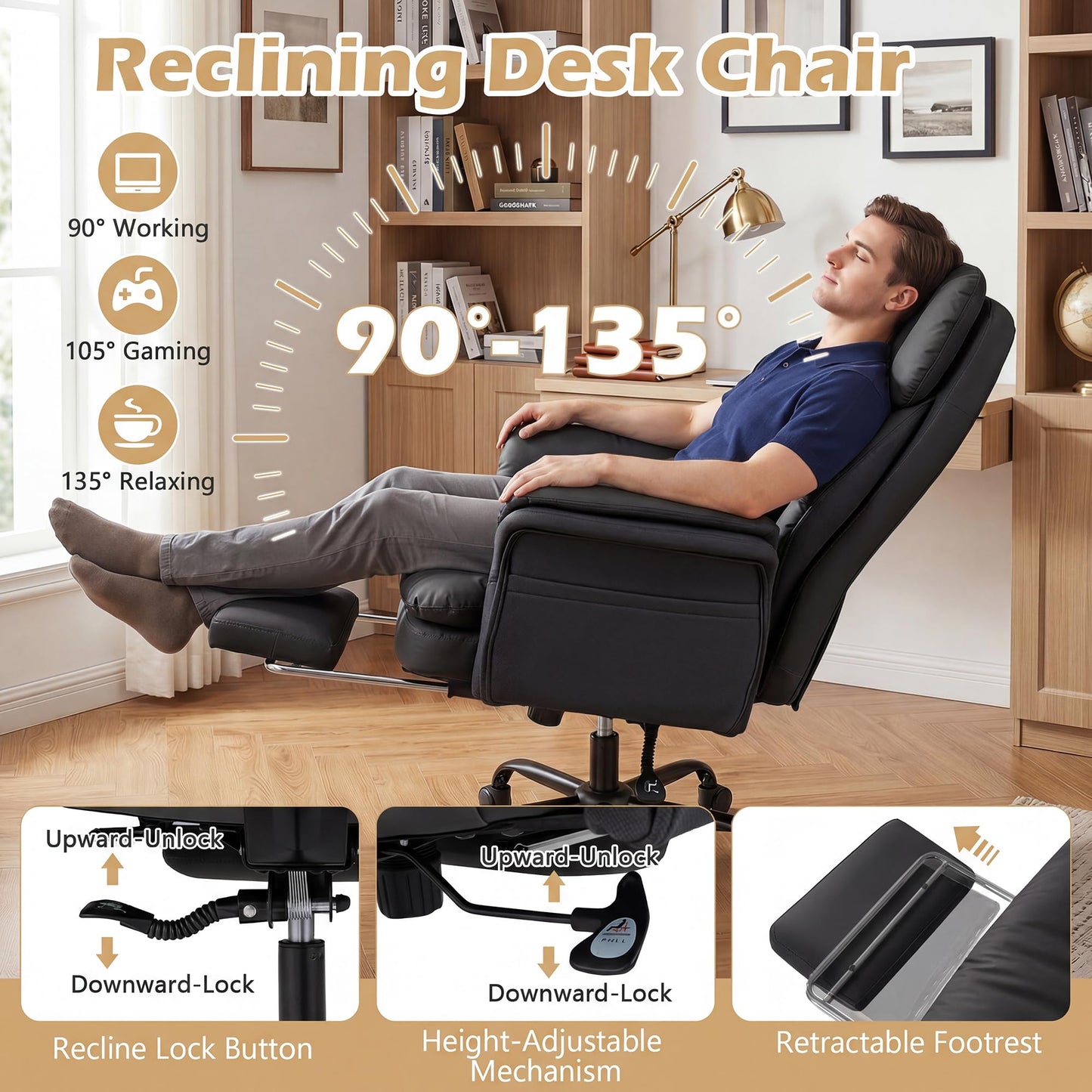 Ergonomic Cross Legged Office Chair with Retractable Footrest Adjustable Armrests for Home Office