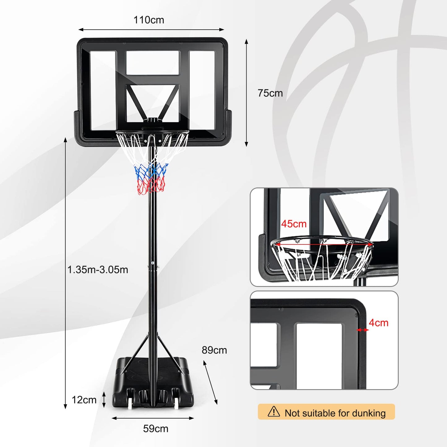 Portable Basketball Hoop with 1.35-3.05m Adjustable Height