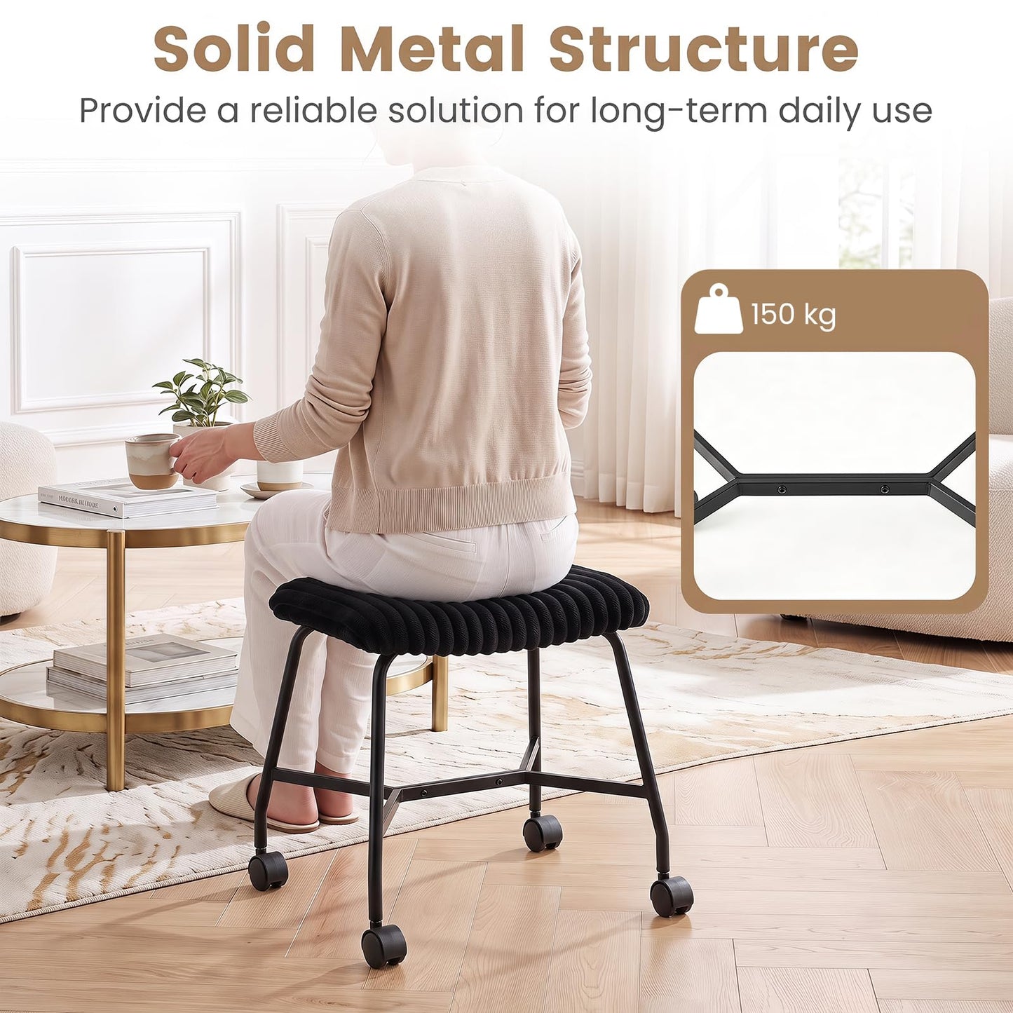 Rolling Makeup Vanity Stool Set of 2, Plush Accent Footrest