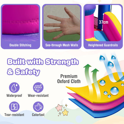 Inflatable Water Slide, Princess Themed Water Park with Long Slide, Jumping Area, Climbing Wall, Splash Pool, Basketball Hoop