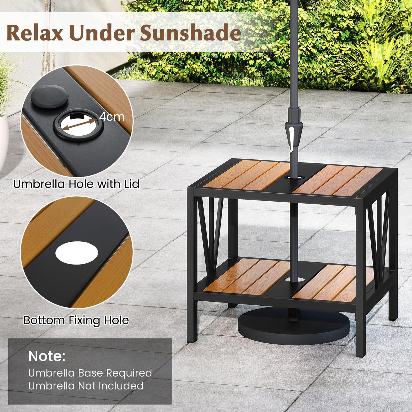 Outdoor Side Table with 4 CM Umbrella Hole and Storage Shelf