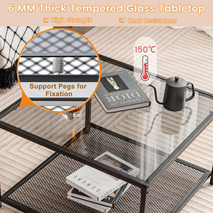 Giantex Square Coffee Table Tempered Glass Sofa Side Table with Adjustable Foot Pads ((with Mesh Shelf)