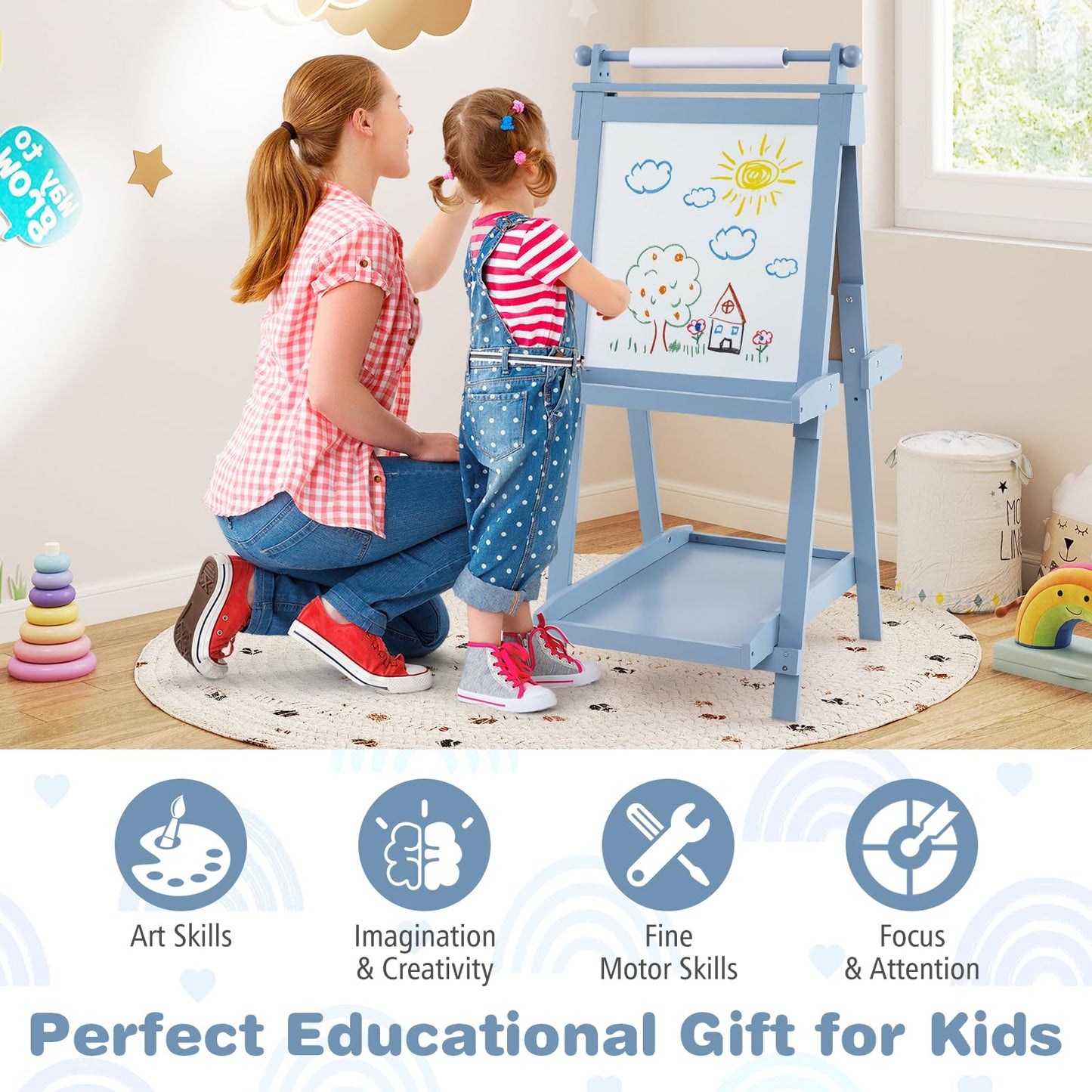 Kids Wooden Art Easel Double-Sided Height Adjustable Children Easel