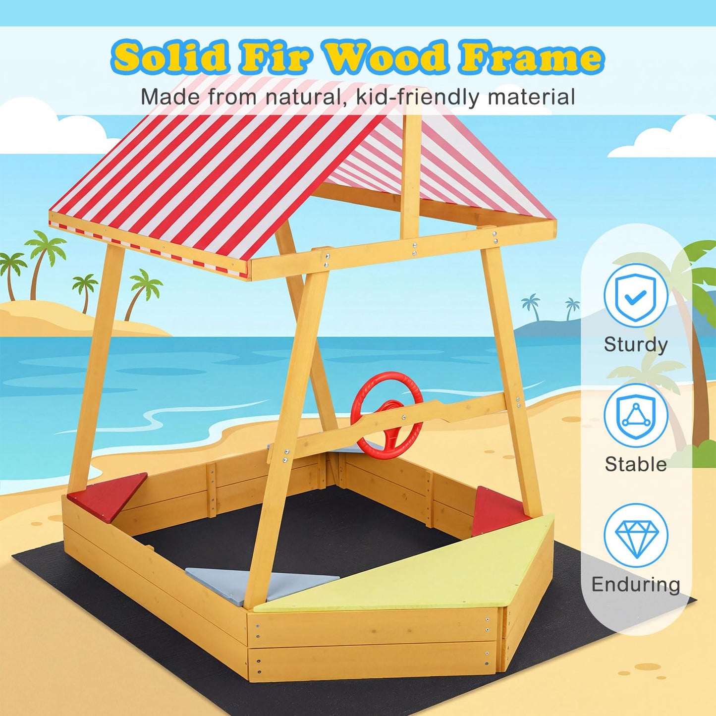 Wooden Kids Sandpit, Ship-Shaped Sandbox Sand Boat with Canopy, 4 Corner Seats