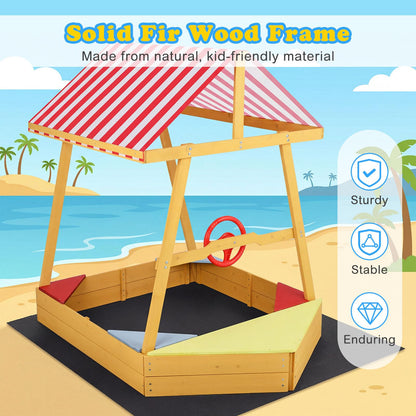 Wooden Kids Sandpit, Ship-Shaped Sandbox Sand Boat with Canopy, 4 Corner Seats