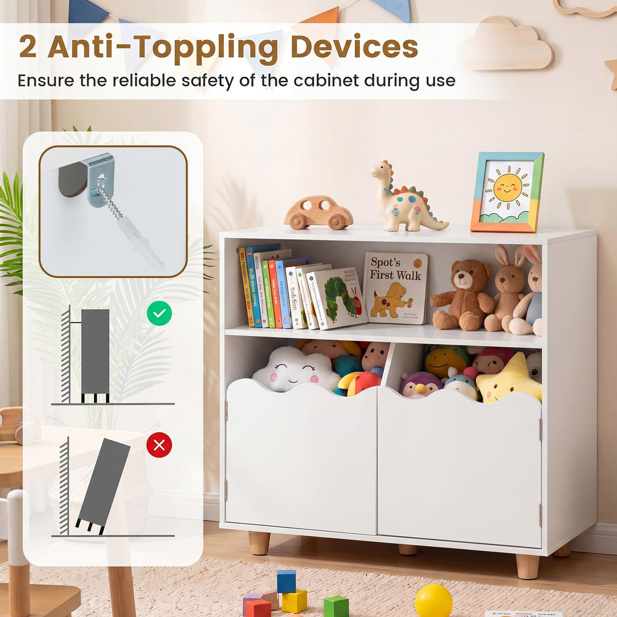Wooden Bookshelf with 2 Anti-Toppling Devices and Top Surface Open Compartment