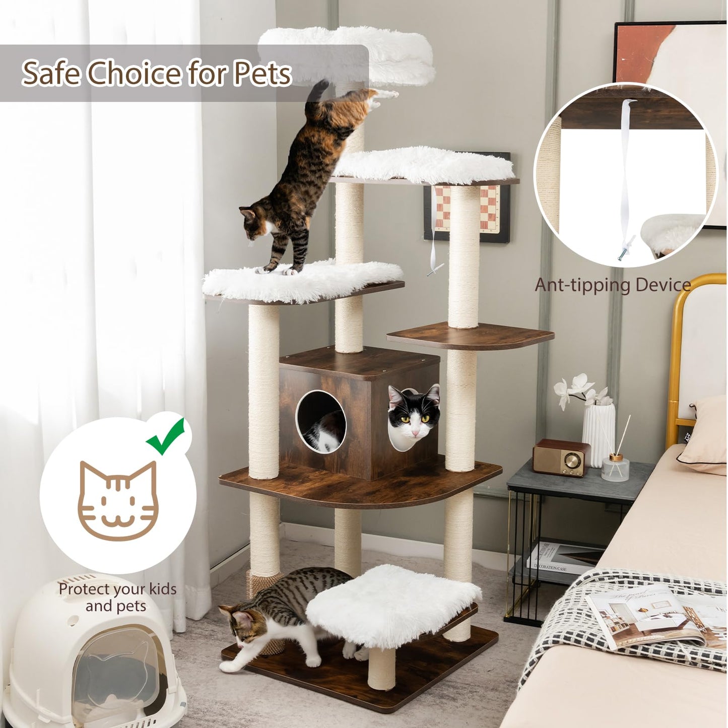 179 cm Tall Wooden Cat Tree with Sisal Scratching Posts