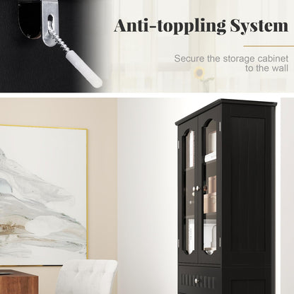 160cm Freestanding Linen Tall Bathroom Storage Cabinet with 2 Glass Doors