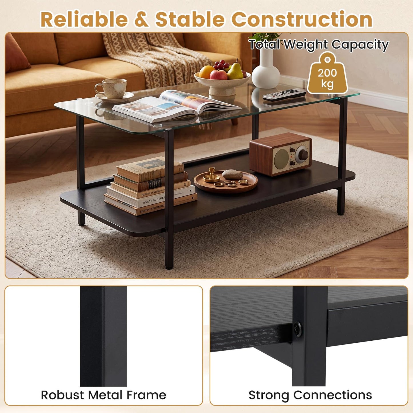 2-Tier Coffee Table, Tempered Glass Center Table with Storage Shelf