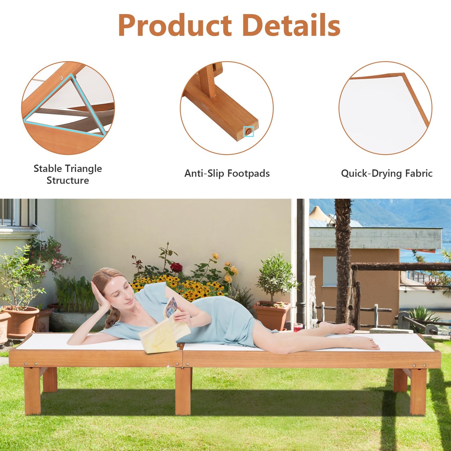 5-Postion Adjustable Patio Chaise Lounge Chair Deck Sunbed