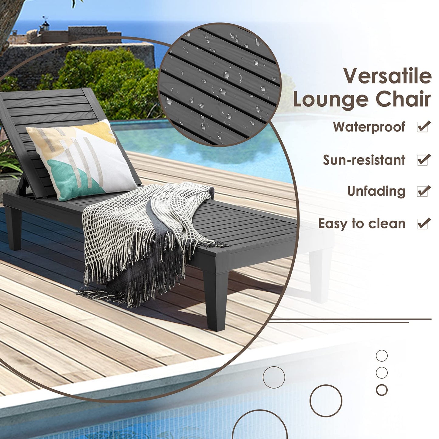 5 Positions Adjustable Outdoor Chaise Lounge Chair with Wood Texture Surface
