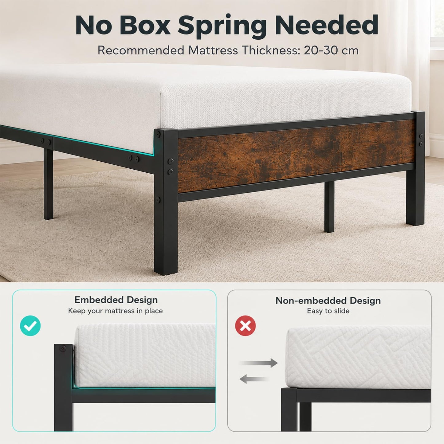 King Size Bed Frame with LED Lights, Charging Station,5ft-150x200cm