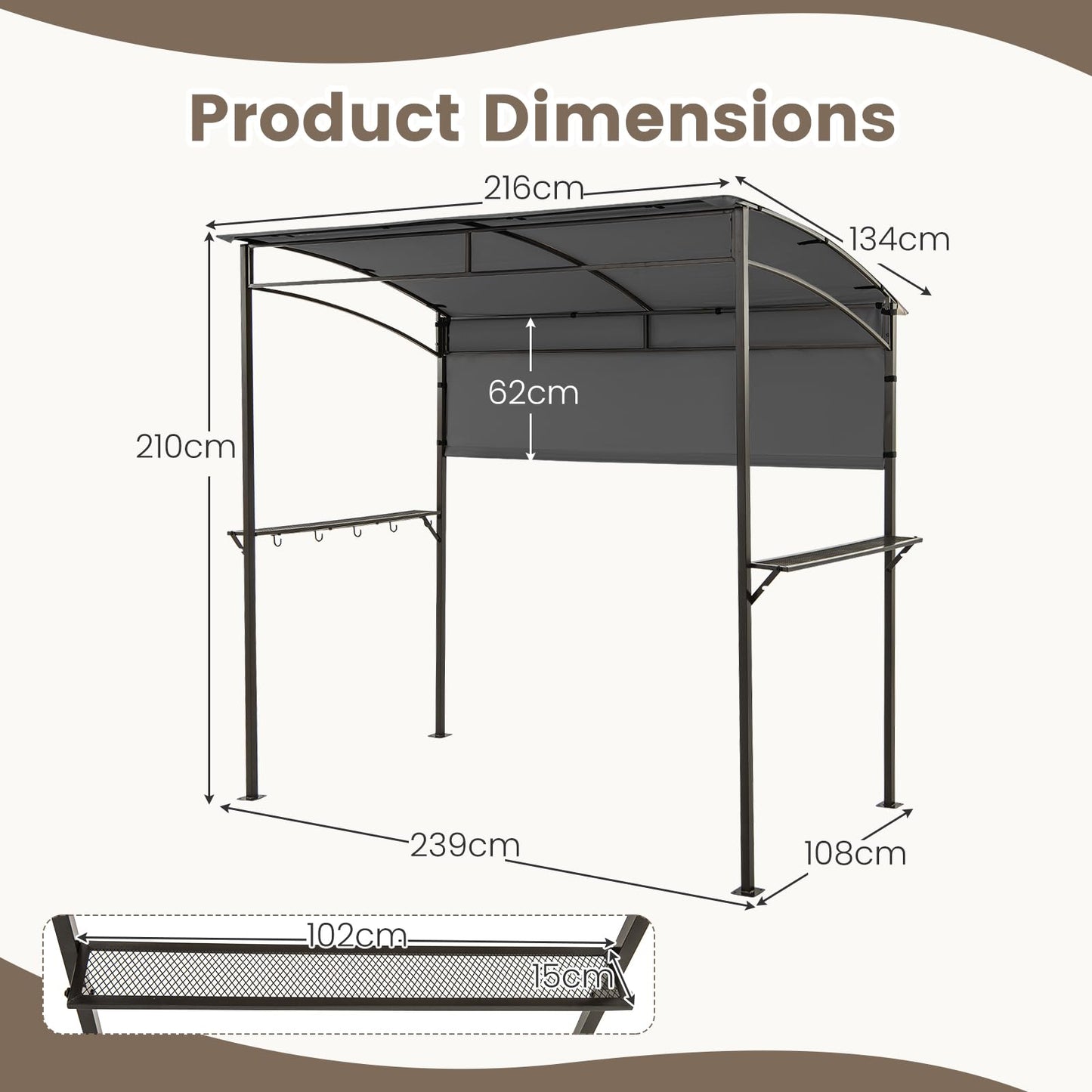 Outdoor BBQ Shelter with Serving Shelf and Storage Hooks (239 x 108cm)