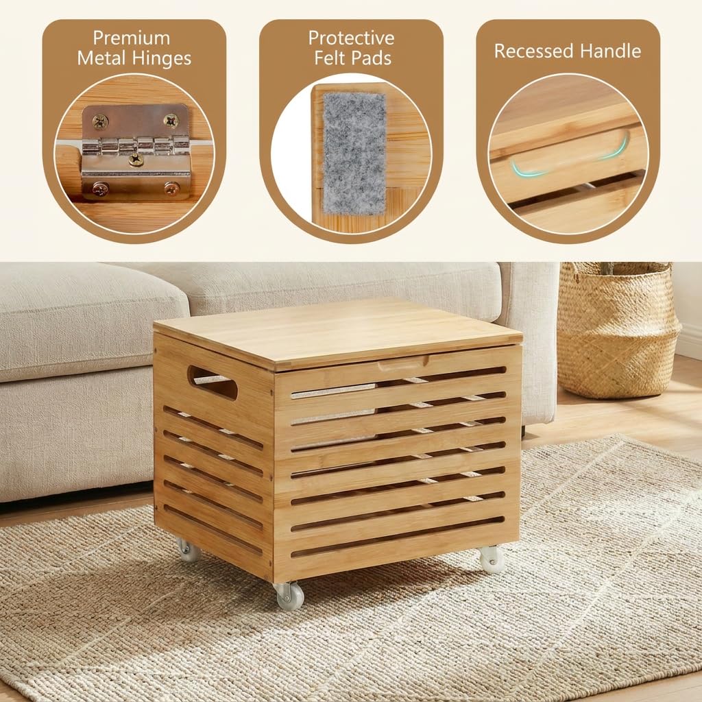 Bamboo Rolling Storage Box with 4 Wheels and Lid for Home