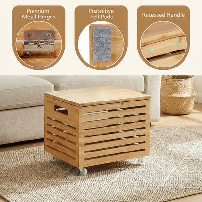 Bamboo Rolling Storage Box with 4 Wheels and Lid for Home