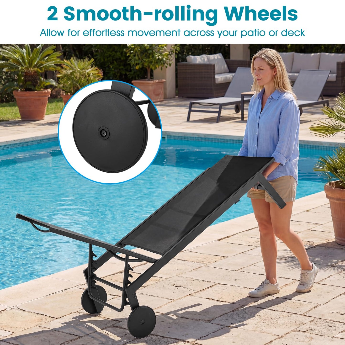 Patio Chaise Lounge Chair with Wheels Outdoor Recliner with 6-Level Adjustable Backrest