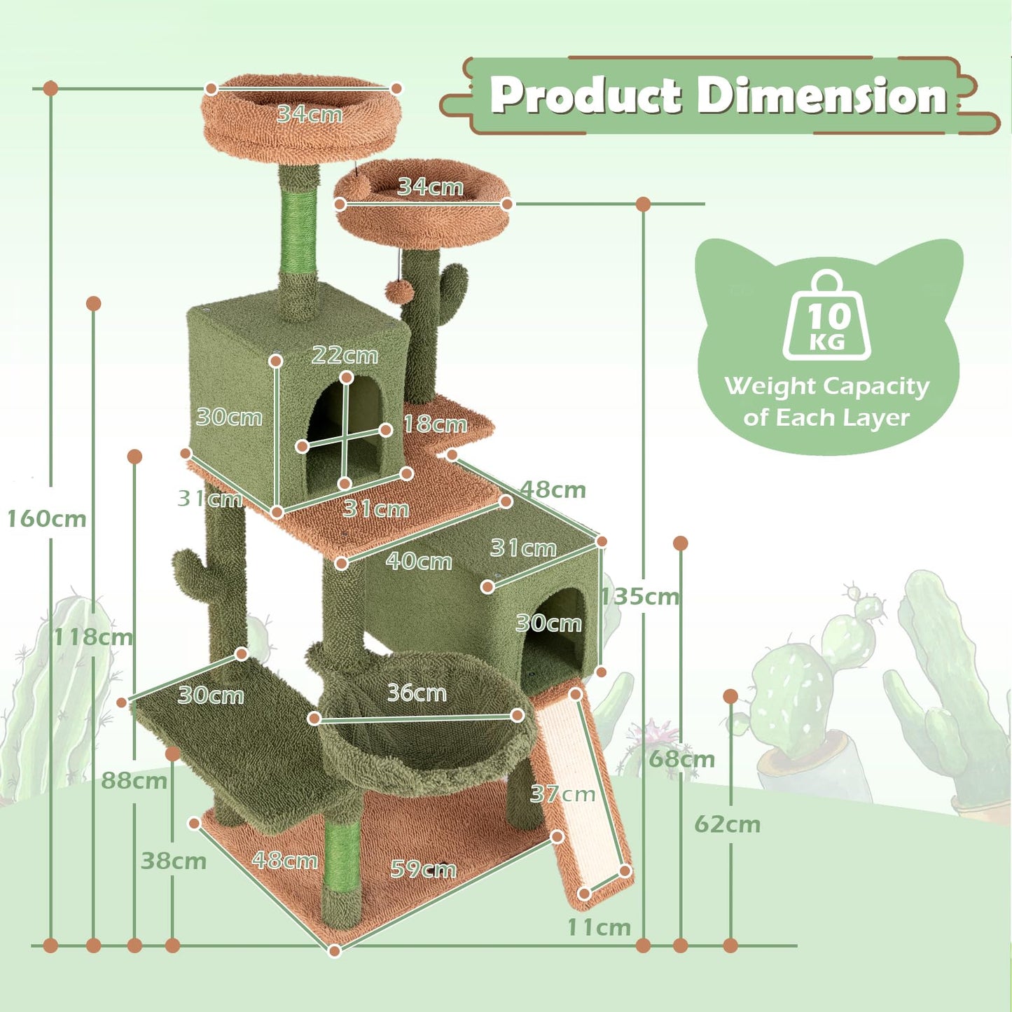 160 cm Multi-level Cactus Cat Tree for Indoor Cats with Scratching Posts