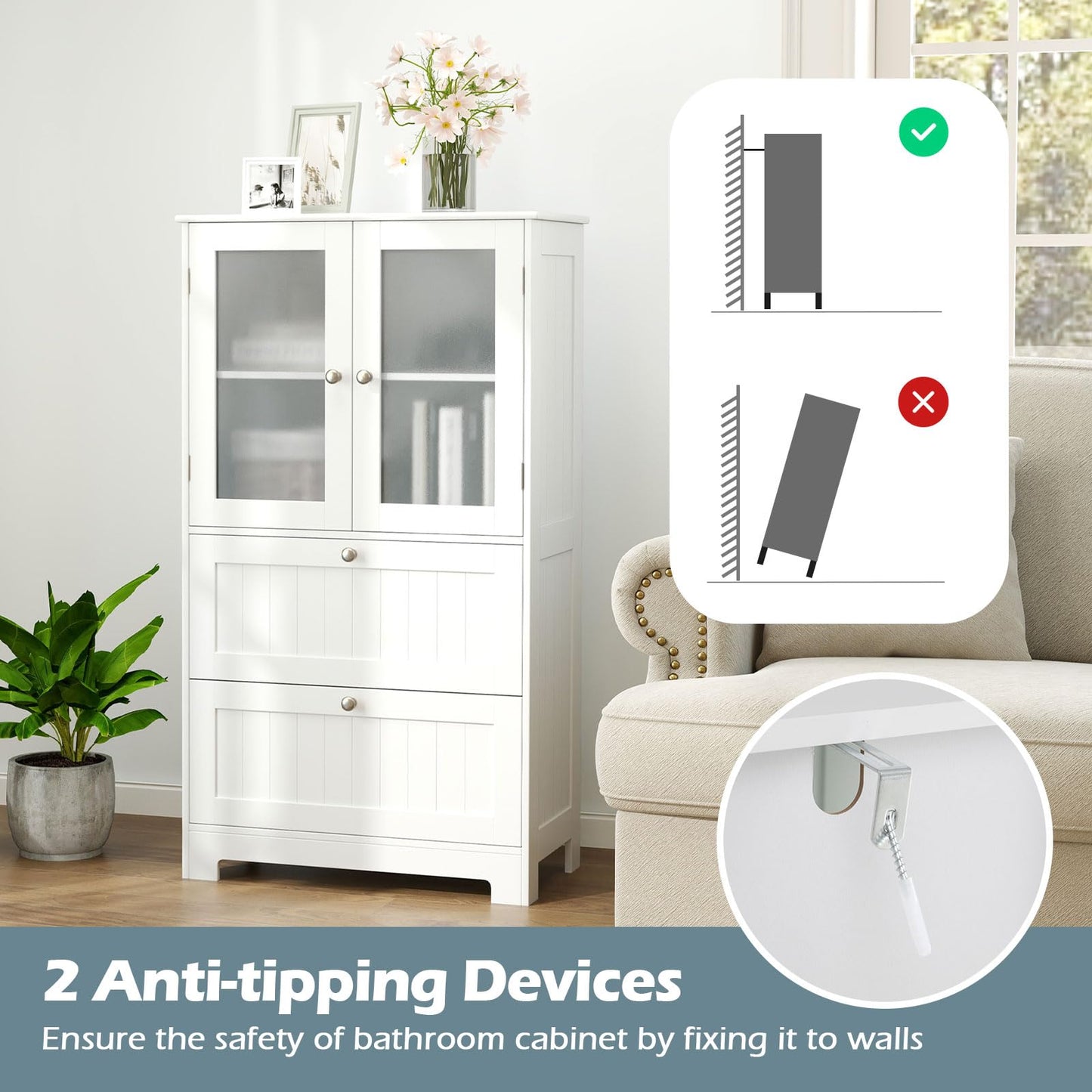 Freestanding Bathroom Storage Cabinet with 2 Frosted Tempered Glass Doors