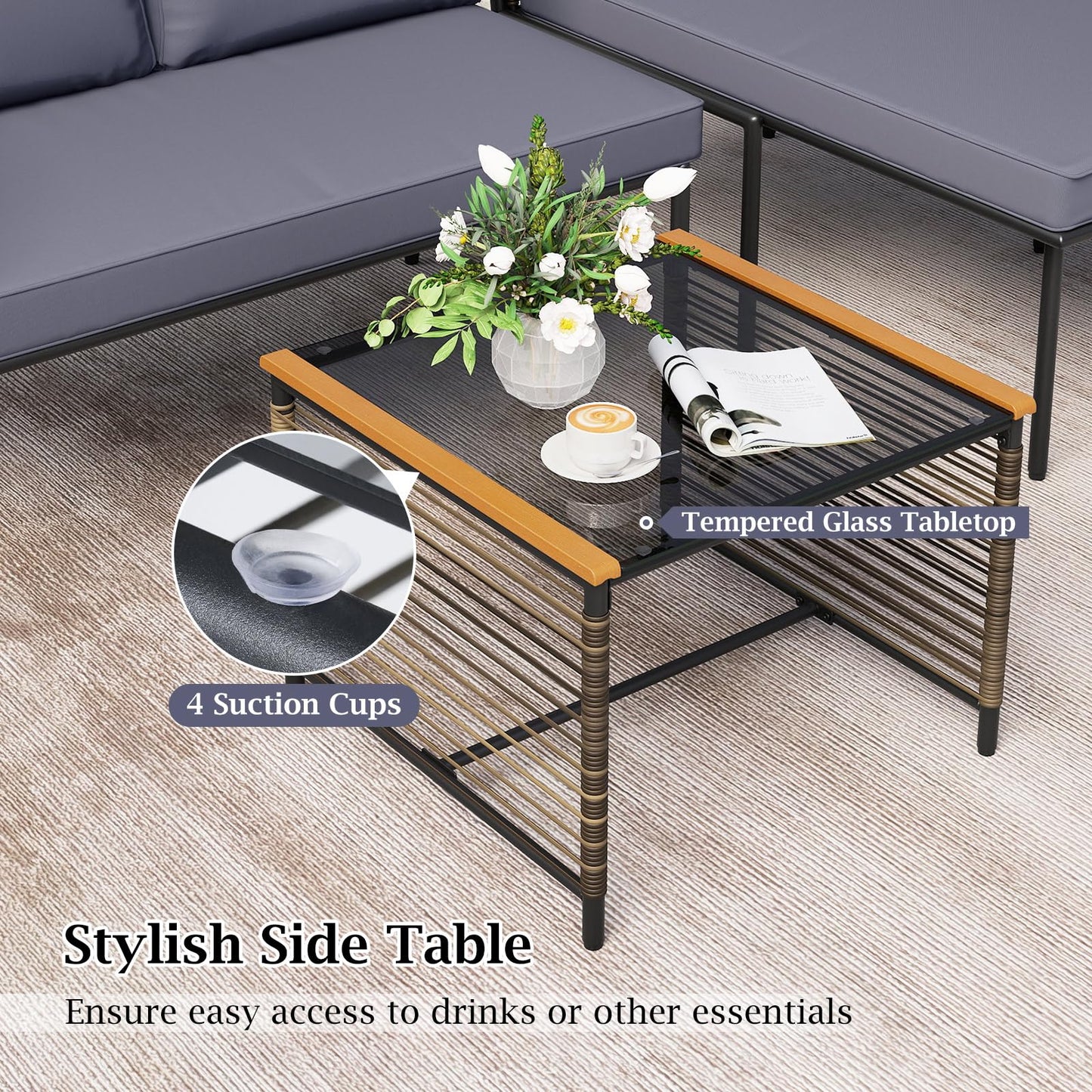 3 Pieces Wicker Furniture Set with Tempered Glass Side Table