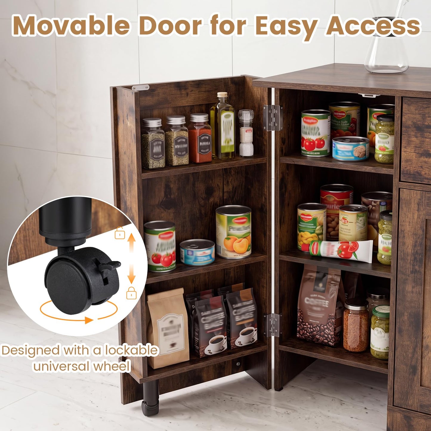 Storage Cabinet with 3 Doors, 3-Tier Side Rack & Lockable Wheel