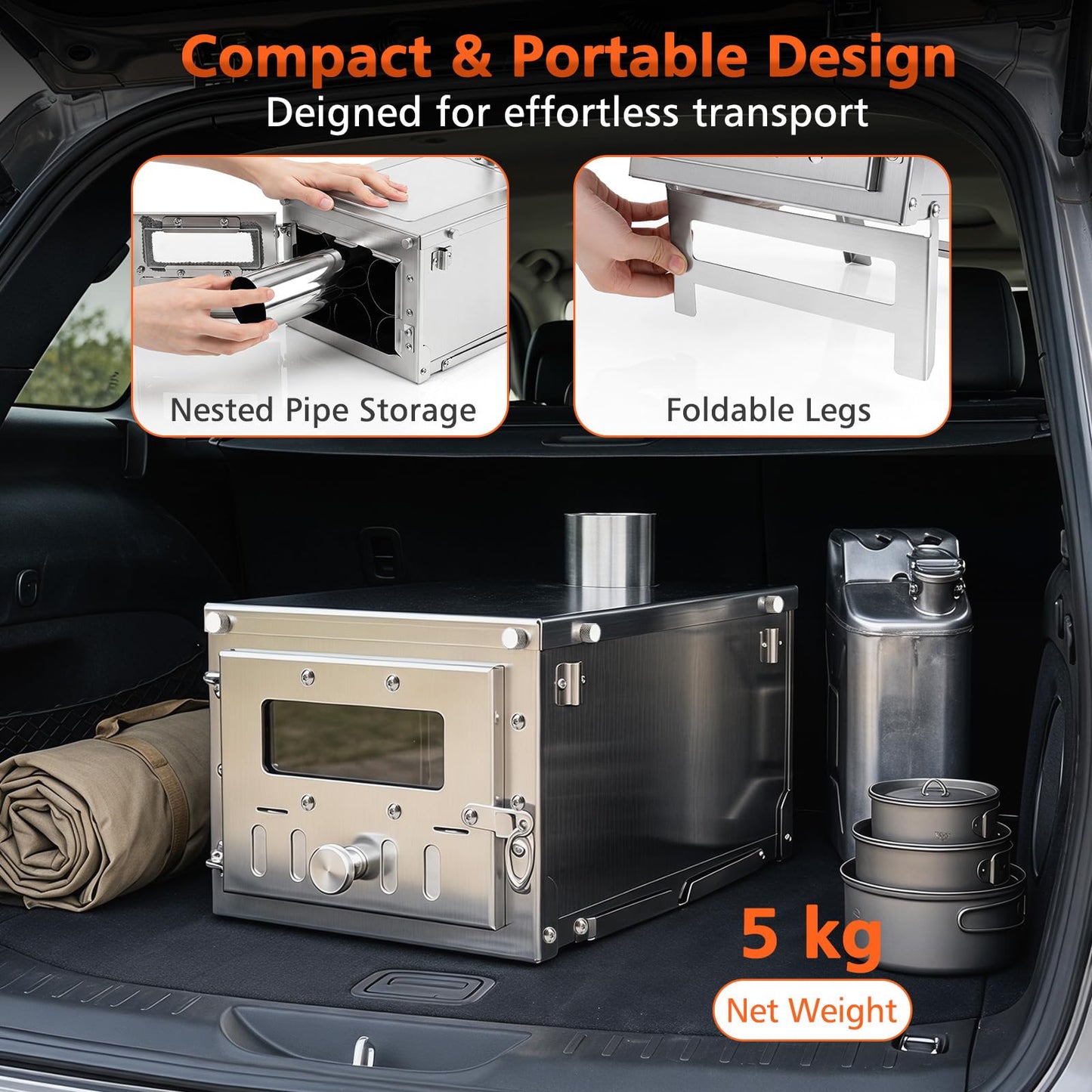 Hot Tent Stove, Camping Tent Stove (Silver, 45 x 37 x 219cm) | Stainless Steel Wood Burning Stove