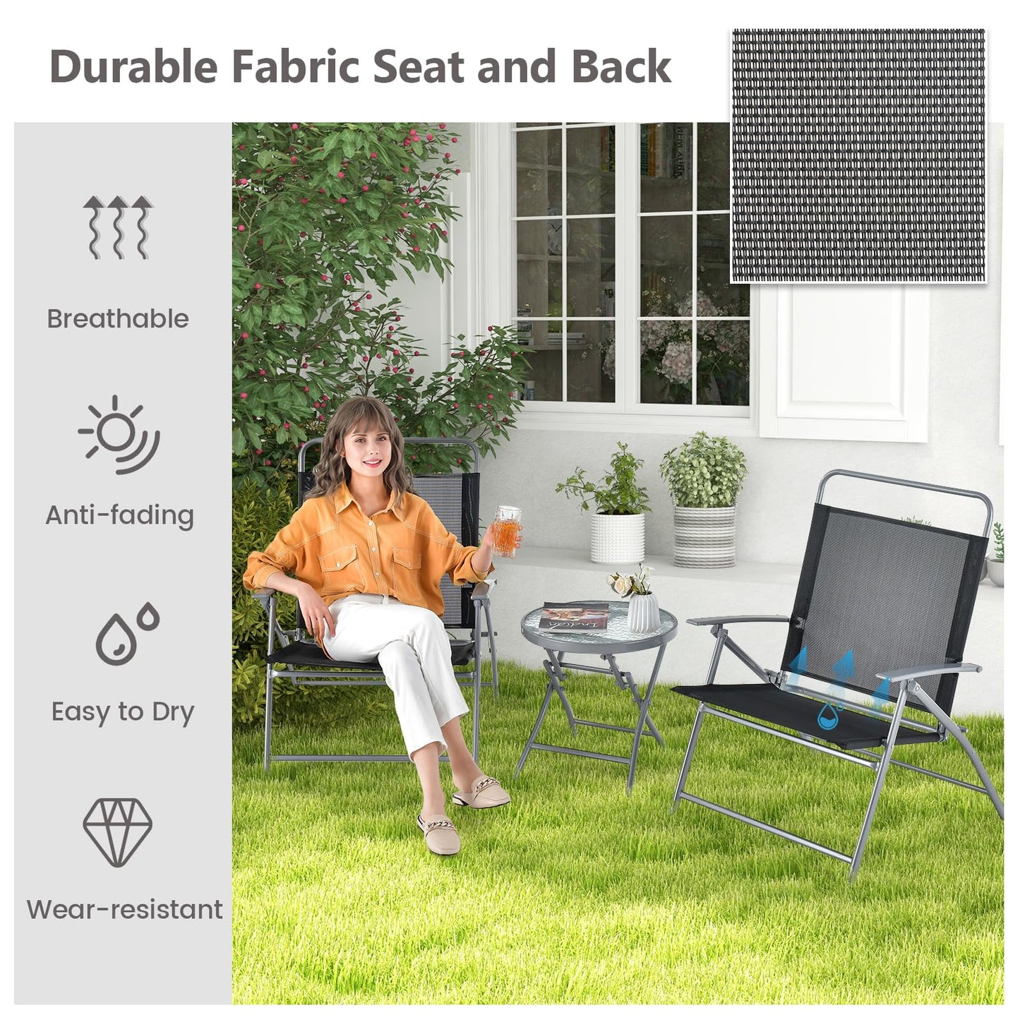 3PCS Garden Folding Chairs and Table Set with Ripple-like Glass Tabletop