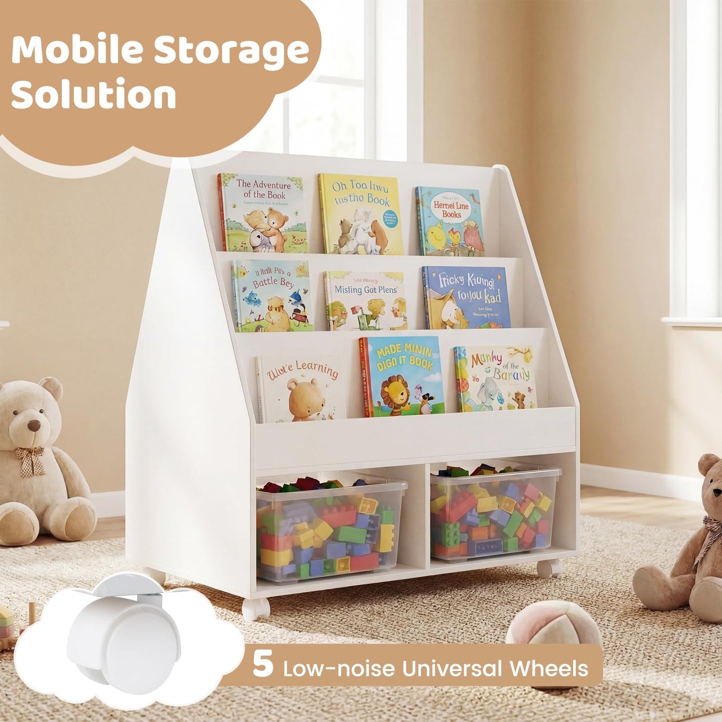Double-Sided Kids Bookshelf Toddler Book Shelf on Wheels with Chalkboard