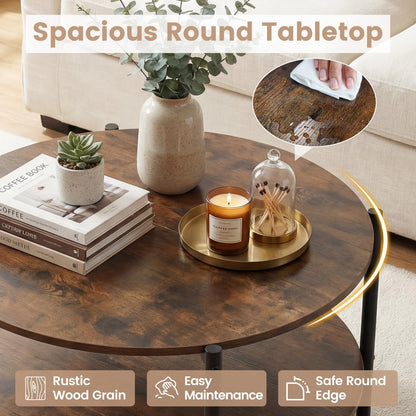 2-Tier Industrial Round Coffee Table with Open Storage Shelf