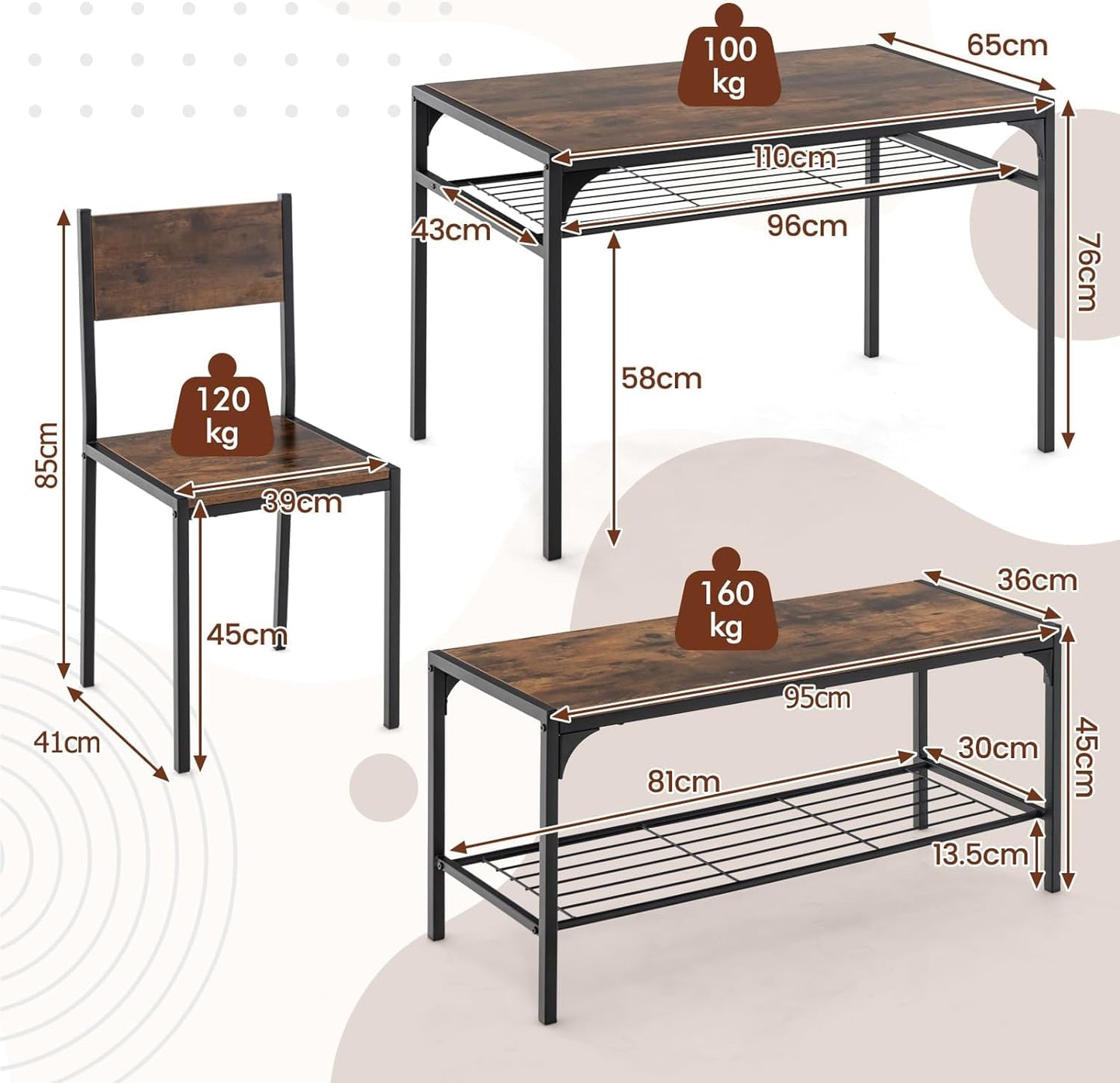 Dining Table Set for 4 with Storage Racks and Metal Frame