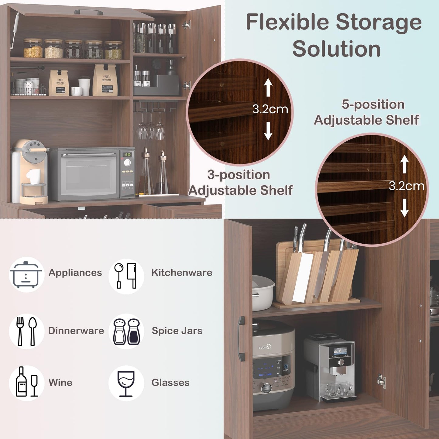 167cm Tall Pantry Cabinet with Hutch and Power Outlets
