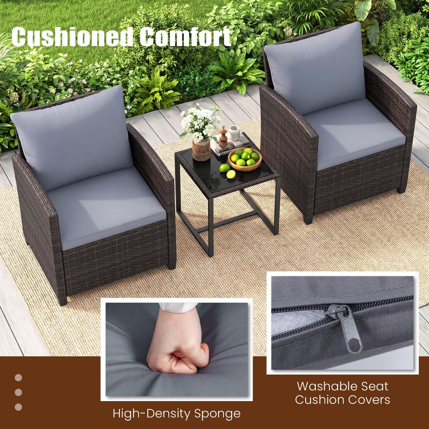 3 Pieces PE Rattan Wicker Outdoor Bistro Conversation Set with Soft Cushions and Tempered Glass Coffee Table