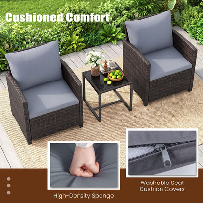 3 Pieces PE Rattan Wicker Outdoor Bistro Conversation Set with Soft Cushions and Tempered Glass Coffee Table