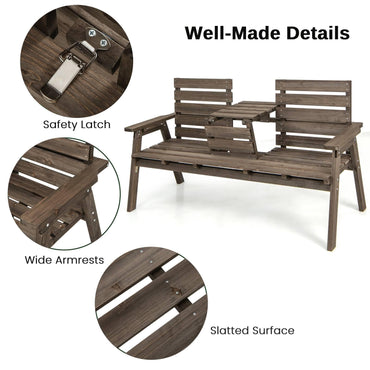 Fir Wood Patio Park Bench Slatted Seat with Foldable Middle Table for 2-3 Person