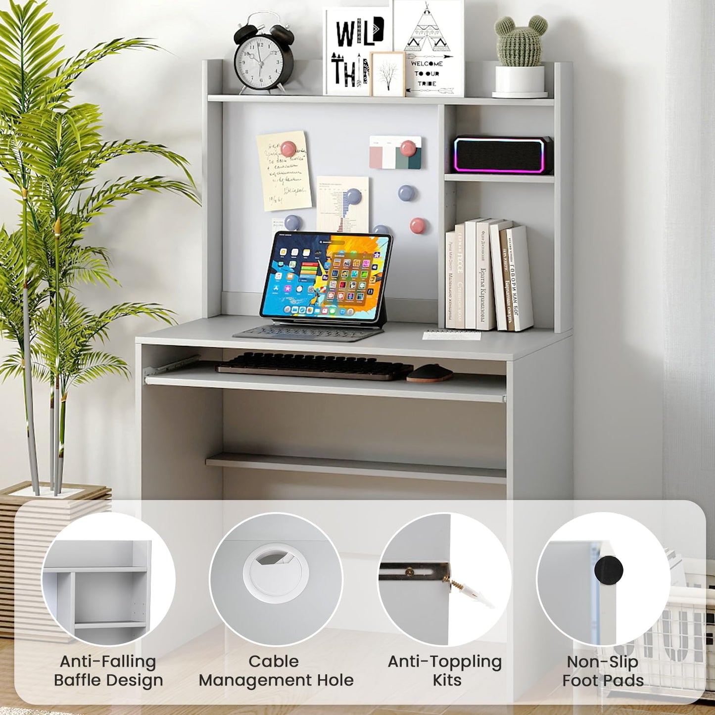 Computer Desk with Magnetic Bulletin Board and Keyboard Tray